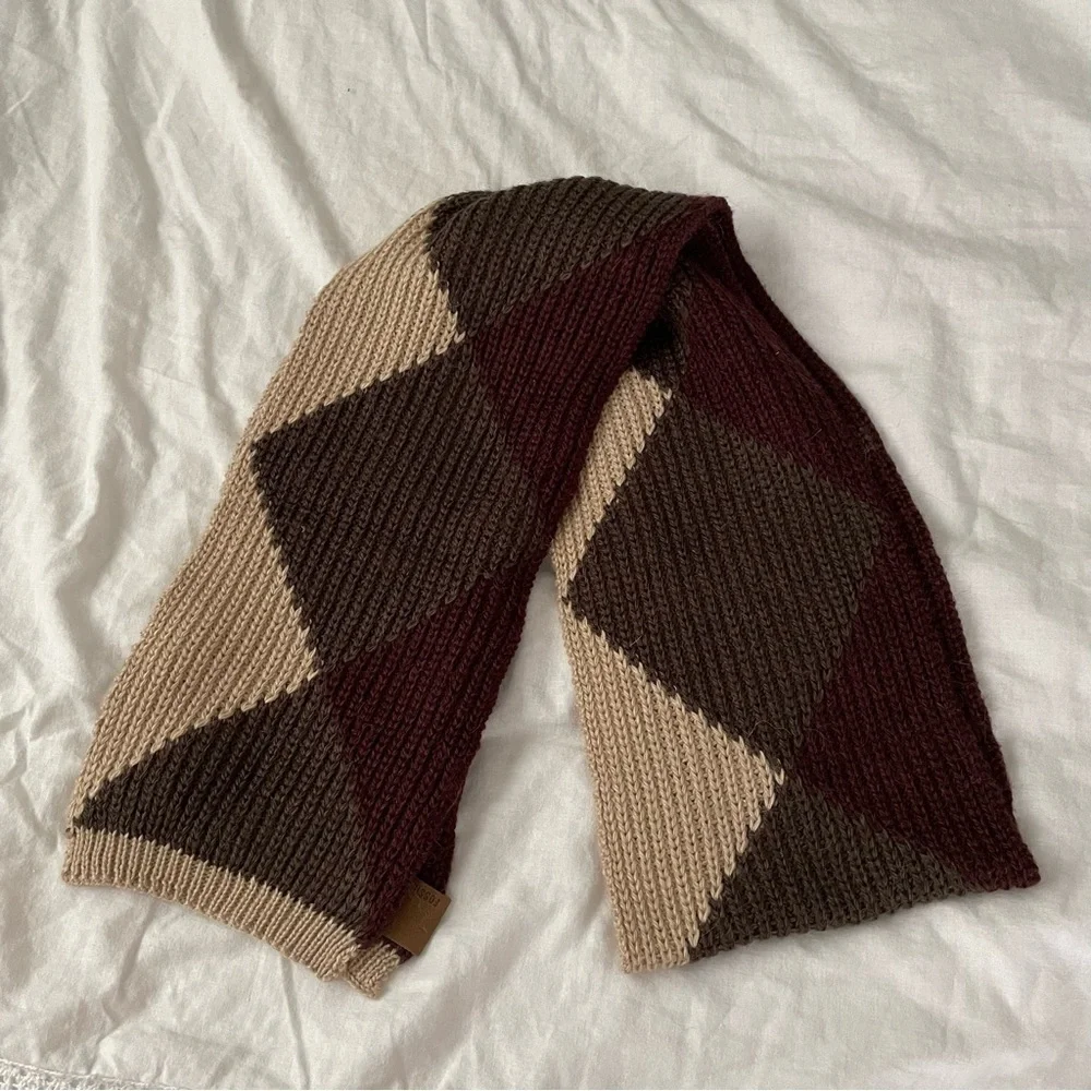 Fossil Argyle Pattern alpaca wool blend Brown Tan Scarf